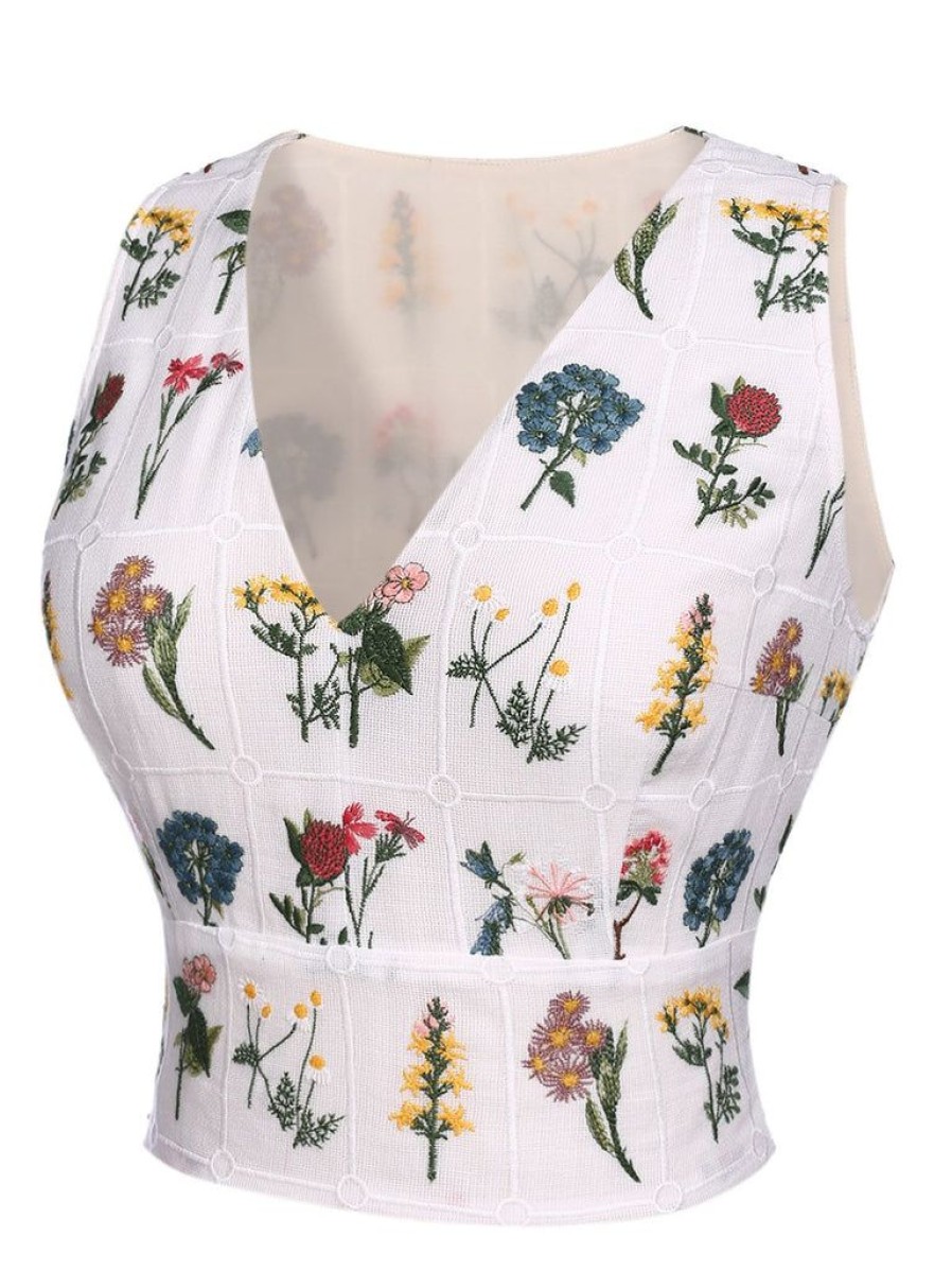 Clothing Retro Stage | 1950S Floral Embroidery Crop Top White