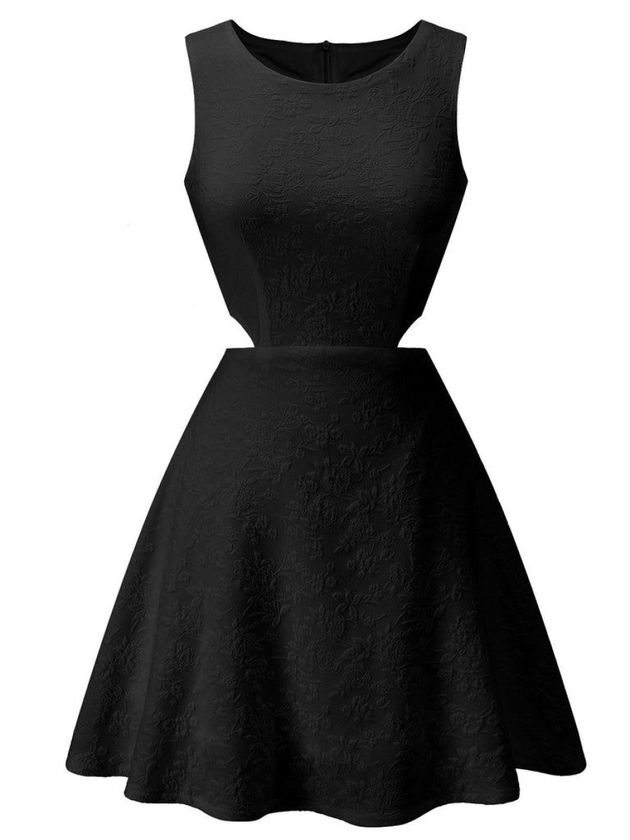 Clothing Retro Stage | 1960S Round Neck Solid Floral Sleeveless Dress Black