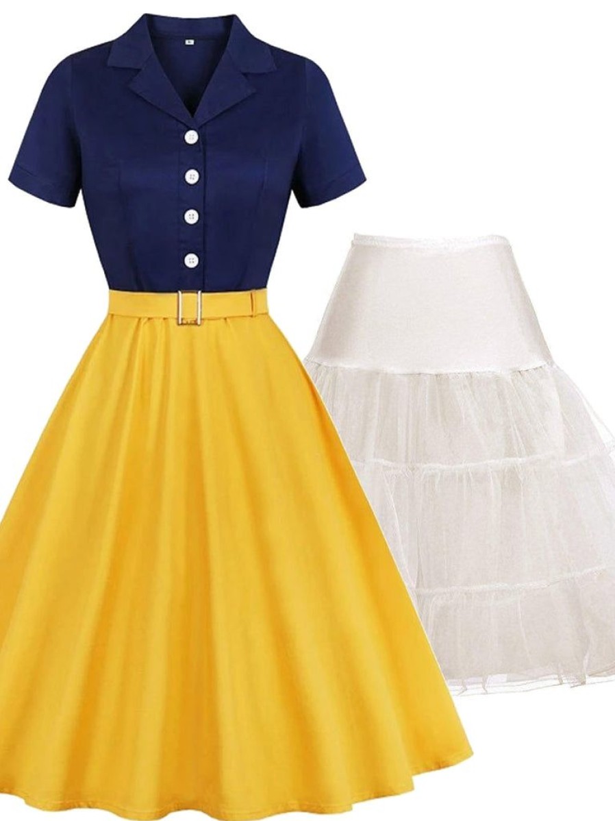 Clothing Retro Stage | 2Pcs Snow White 1950S Dress & White Petticoat Blue Yellow