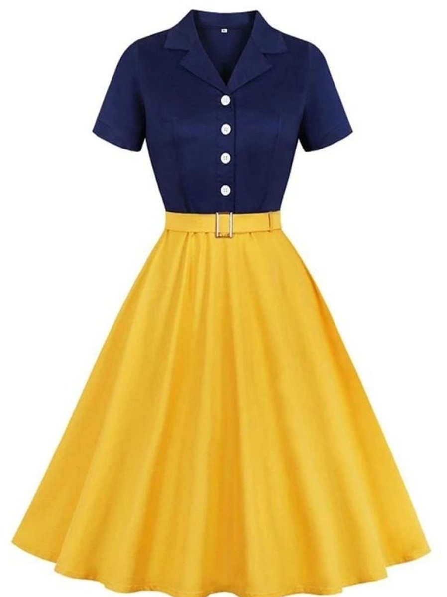 Clothing Retro Stage | 2Pcs Snow White 1950S Dress & White Petticoat Blue Yellow