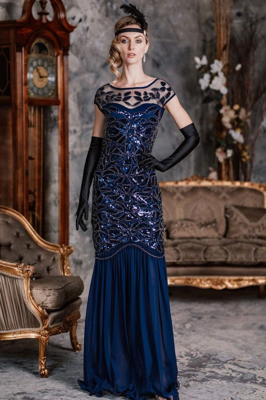 Clothing Retro Stage | 1920S Sequin Maxi Dress Blue