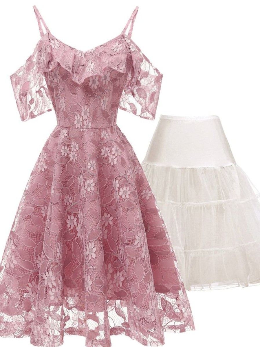 Clothing Retro Stage | 2Pcs 1950S Cold Shoulder Dress & White Petticoat Pink