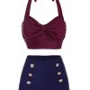 Clothing Retro Stage | 1950S Bow Halter Bikini Set Wine Red