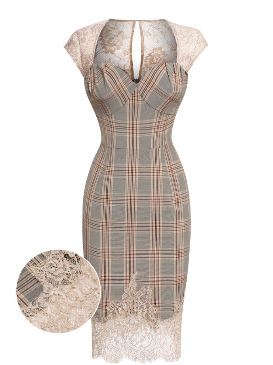 Clothing Retro Stage | 1960S Plaid Lace Pencil Dress Gray