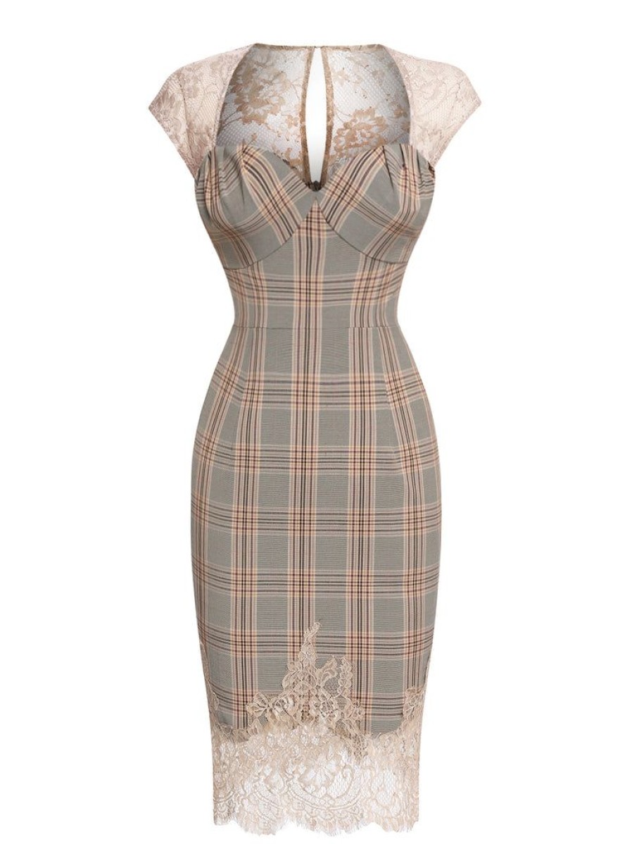 Clothing Retro Stage | 1960S Plaid Lace Pencil Dress Gray