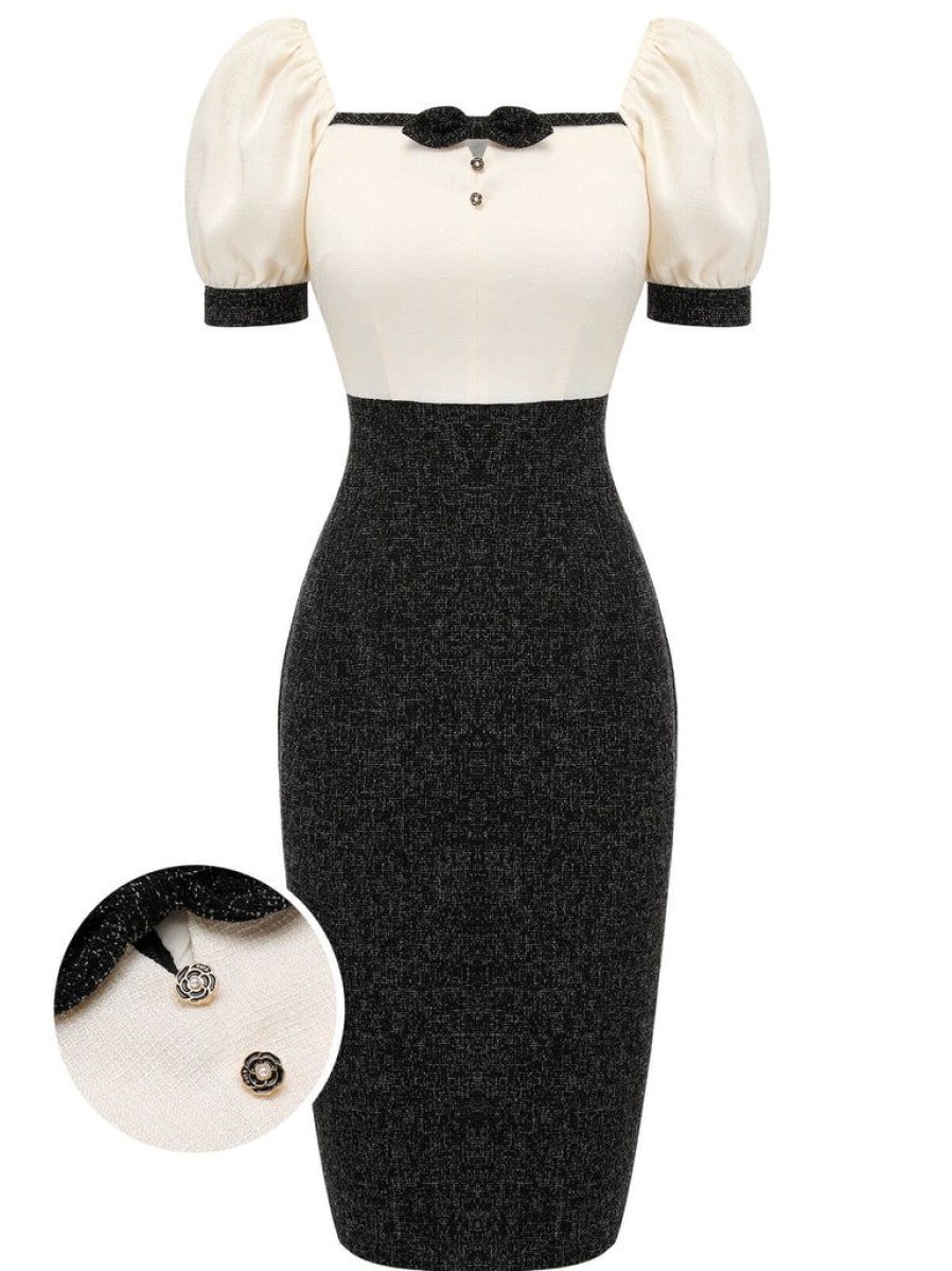 Clothing Retro Stage | 1960S Puff Sleeve Pencil Dress Black & Beige