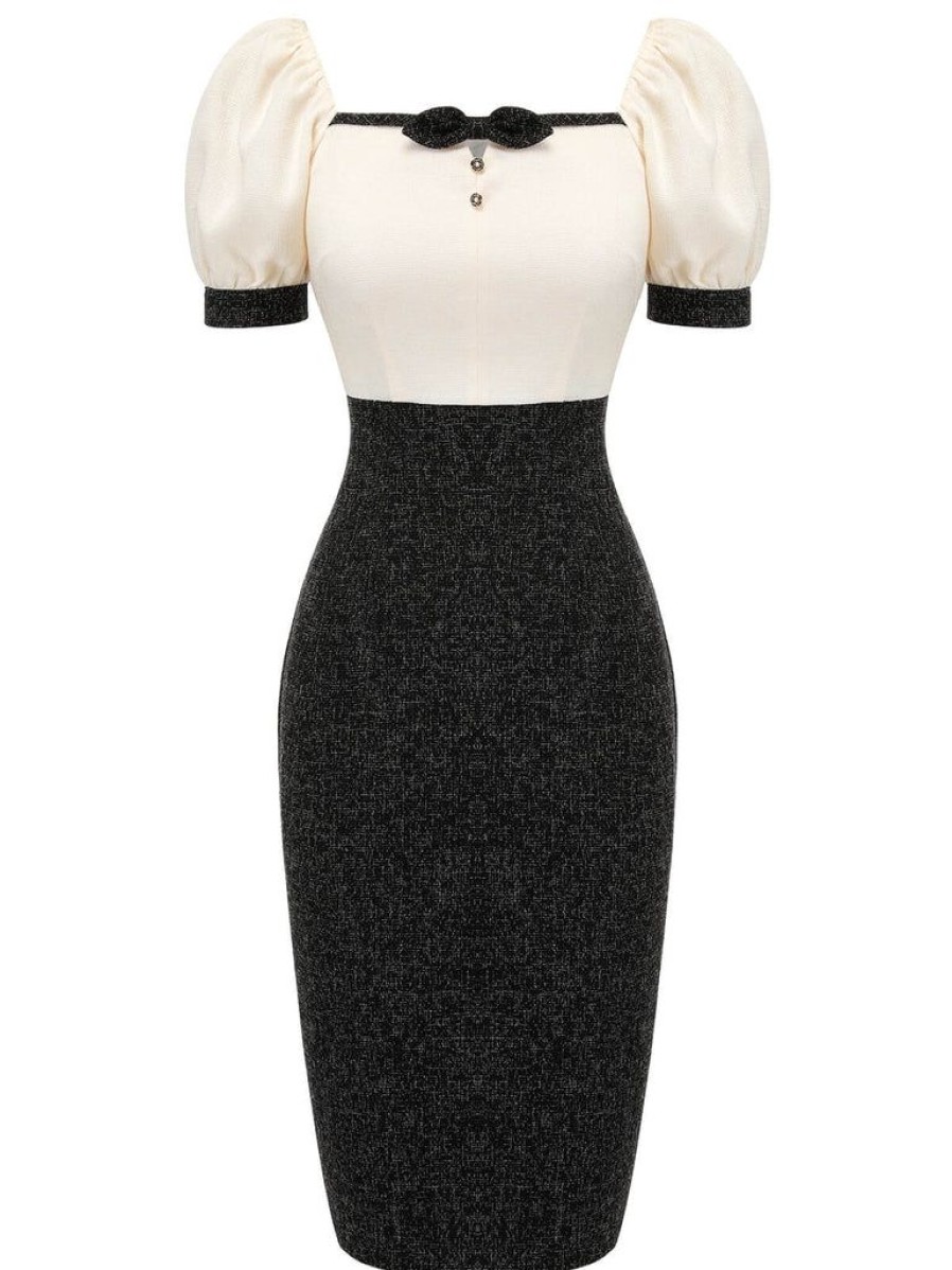 Clothing Retro Stage | 1960S Puff Sleeve Pencil Dress Black & Beige