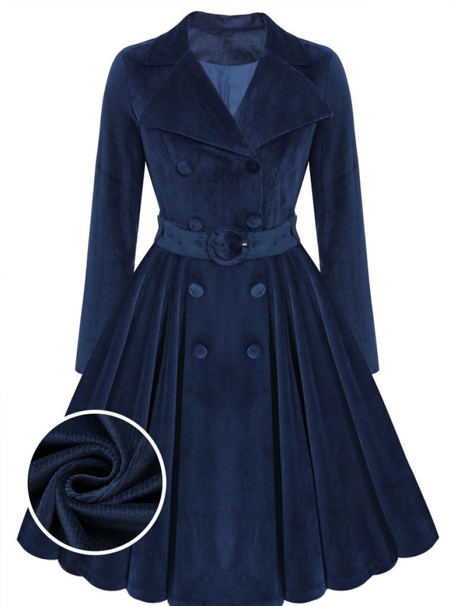 Clothing Retro Stage | 1950S Velvet Long Coat Navy Blue