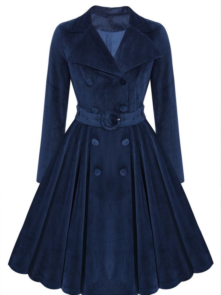 Clothing Retro Stage | 1950S Velvet Long Coat Navy Blue