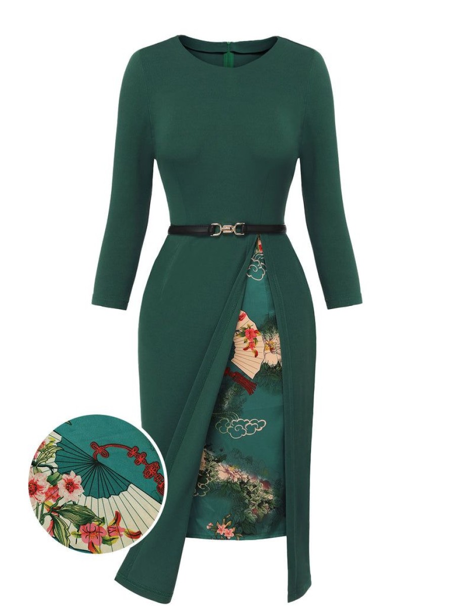 Clothing Retro Stage | 1940S Chinese Style Floral Belt Dress Dark Green