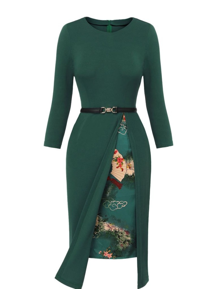 Clothing Retro Stage | 1940S Chinese Style Floral Belt Dress Dark Green