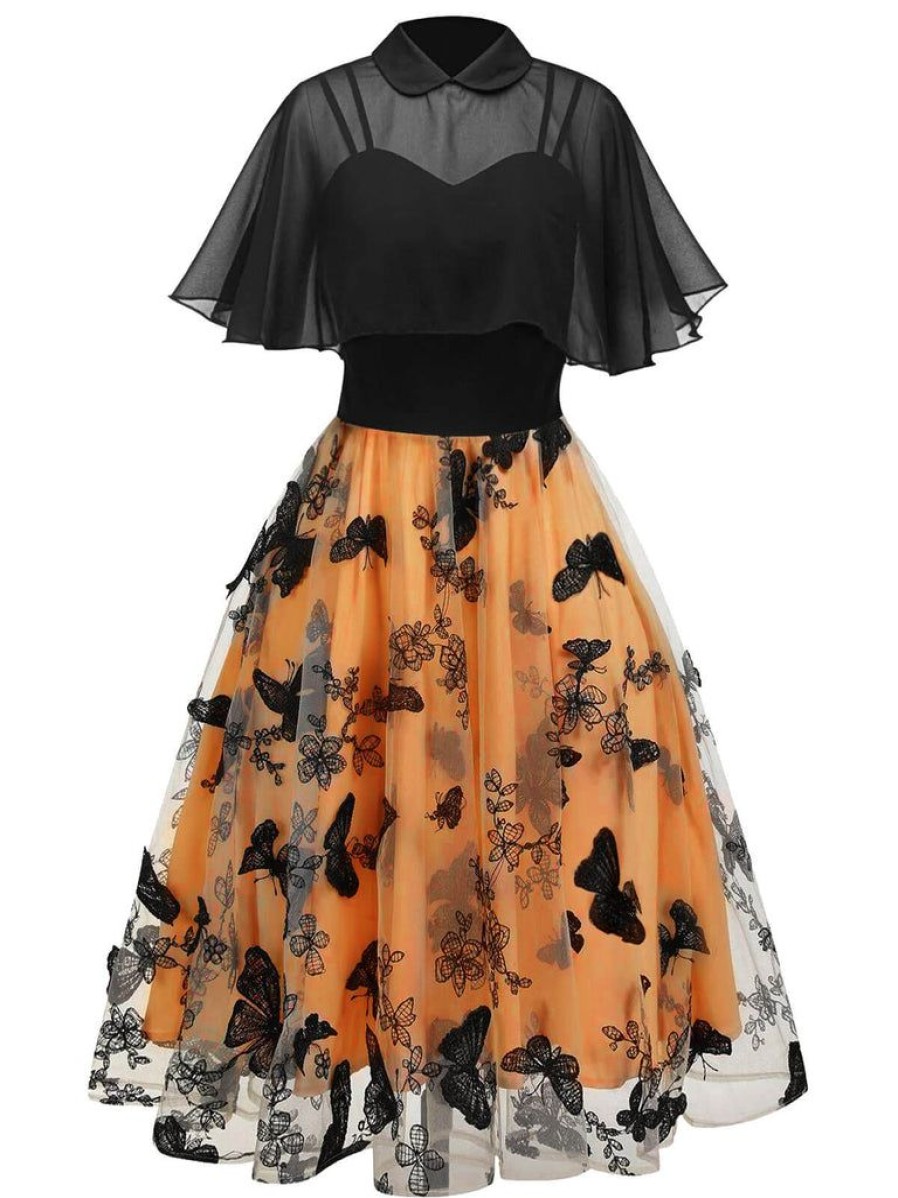 Clothing Retro Stage | 1950S 3D Butterflys Cloak Dress Black & Orange