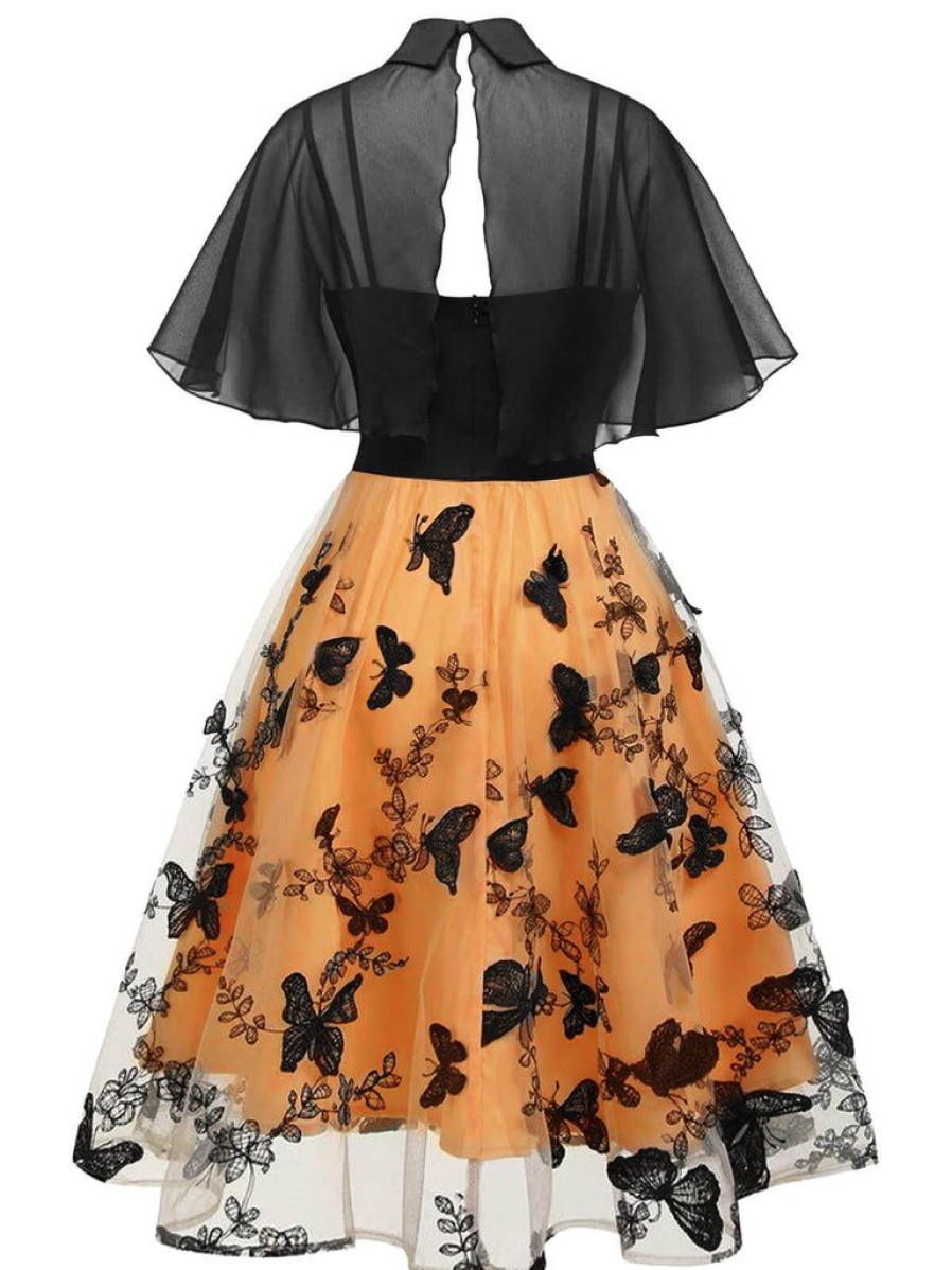 Clothing Retro Stage | 1950S 3D Butterflys Cloak Dress Black & Orange