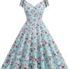 Clothing Retro Stage | 1950S Floral Lace-Up Shoulder V-Neck Swing Dress