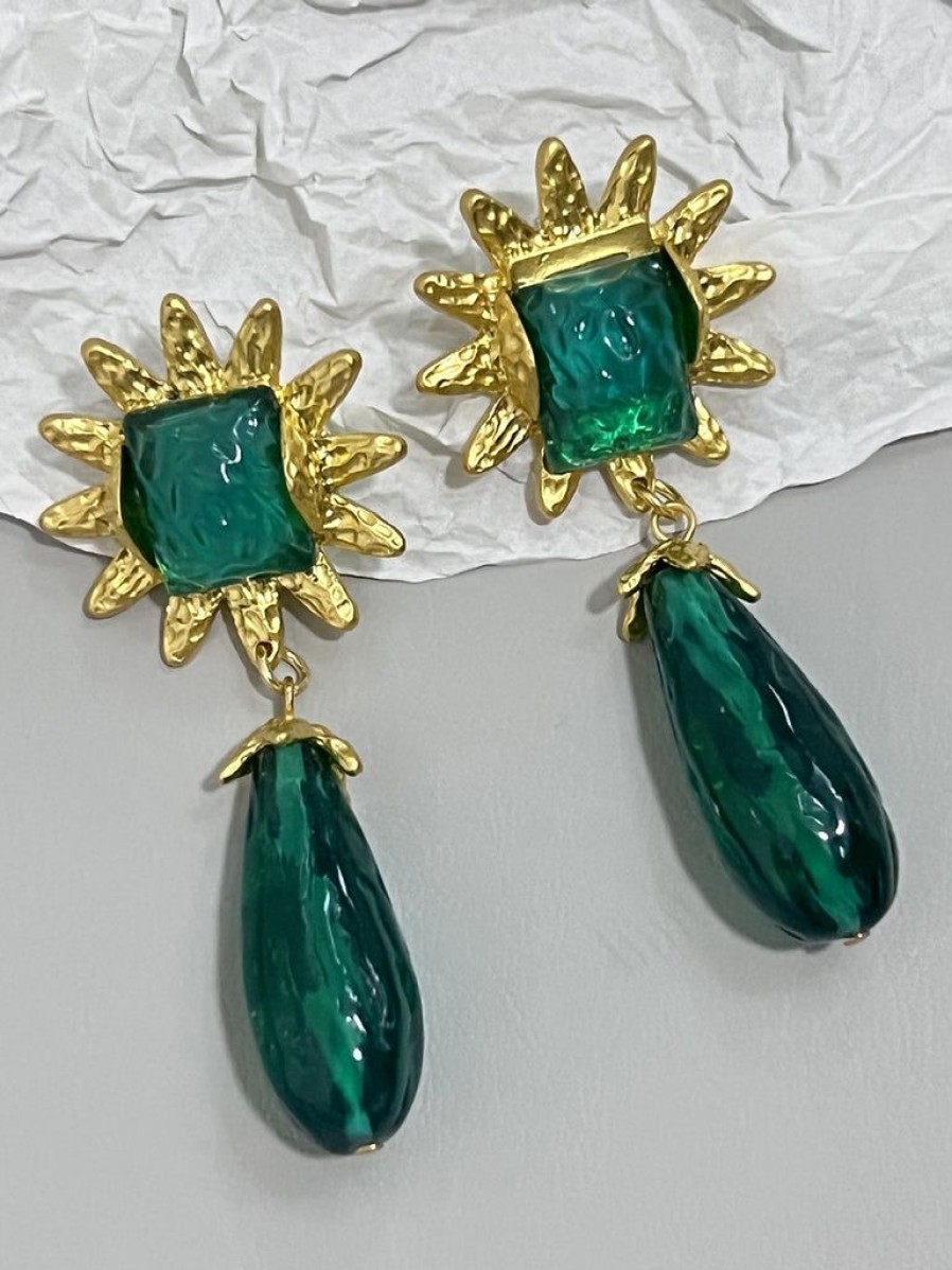 Accessories Retro Stage | Retro Emerald Gold Trim Alloy Earrings