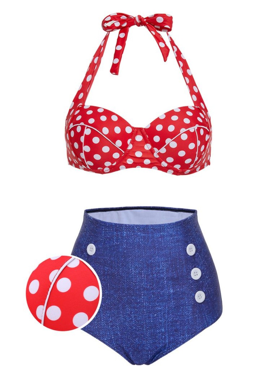 Clothing Retro Stage | 1950S Retro Polka Dot Halter Bikini Swimsuit Red