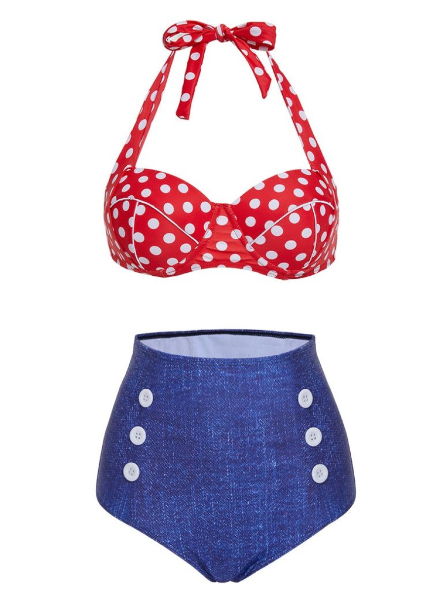 Clothing Retro Stage | 1950S Retro Polka Dot Halter Bikini Swimsuit Red