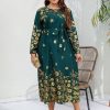 Clothing Retro Stage | [Plus Size] 1930S Floral Long Sleeve Belted Dress Green