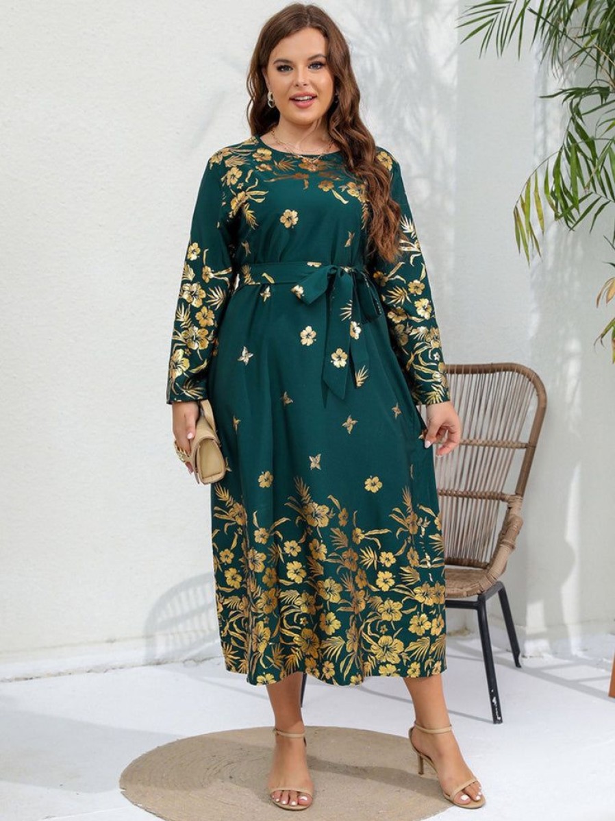 Clothing Retro Stage | [Plus Size] 1930S Floral Long Sleeve Belted Dress Green