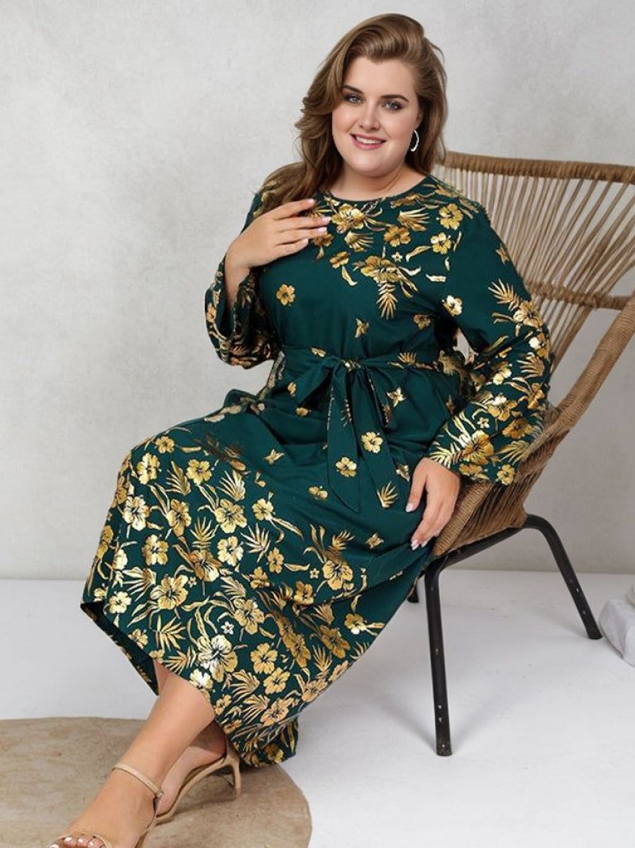 Clothing Retro Stage | [Plus Size] 1930S Floral Long Sleeve Belted Dress Green