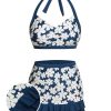 Clothing Retro Stage | Blue 1940S Floral Ruffles Halter Swimsuit Navy Blue