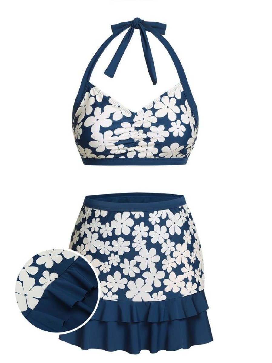 Clothing Retro Stage | Blue 1940S Floral Ruffles Halter Swimsuit Navy Blue