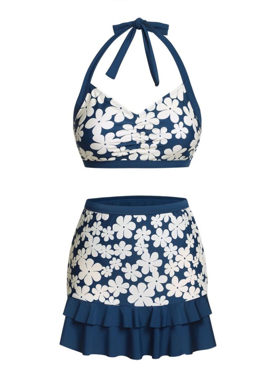 Clothing Retro Stage | Blue 1940S Floral Ruffles Halter Swimsuit Navy Blue