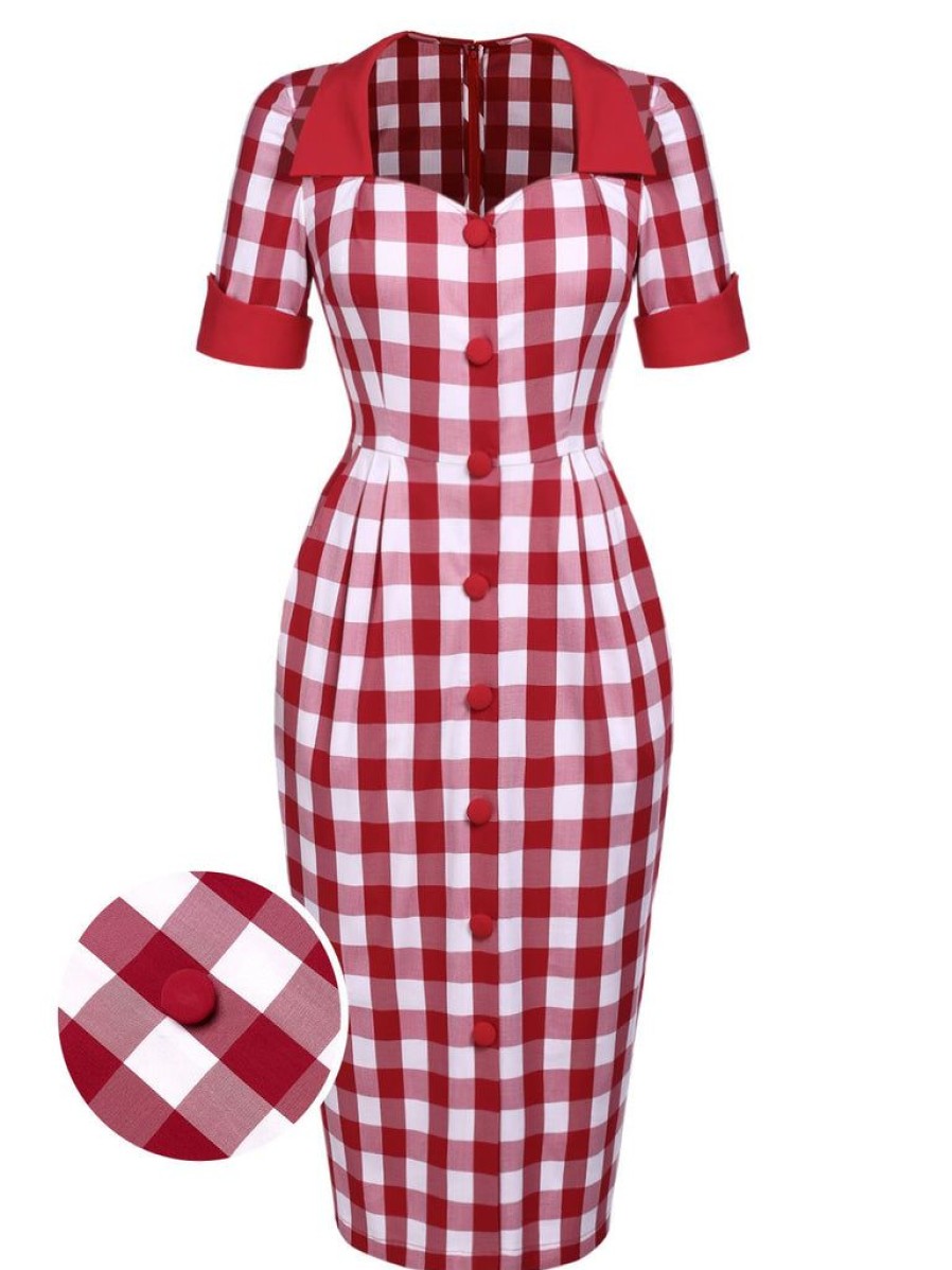 Clothing Retro Stage | 1960S Checked Pockets Pencil Dress Red