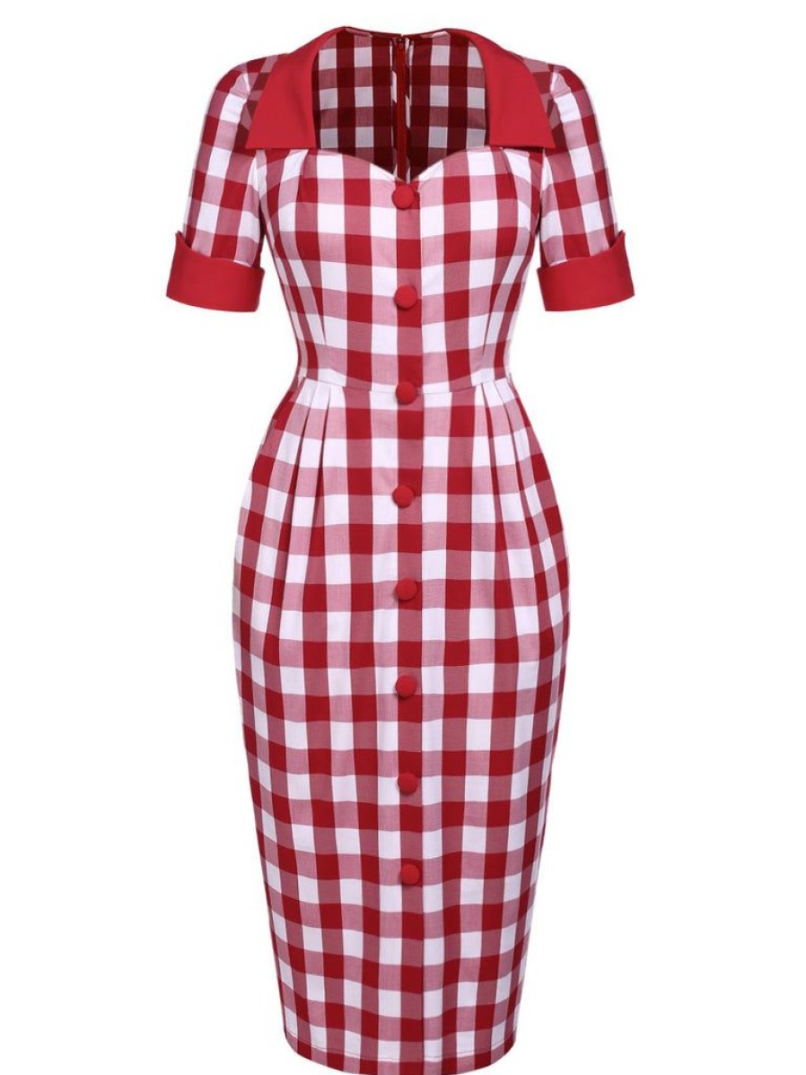 Clothing Retro Stage | 1960S Checked Pockets Pencil Dress Red