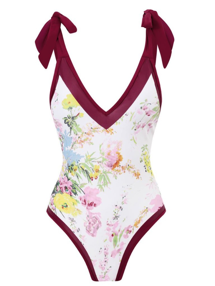 Clothing Retro Stage | 1950S V-Neck Flowers Lacing Swimsuit