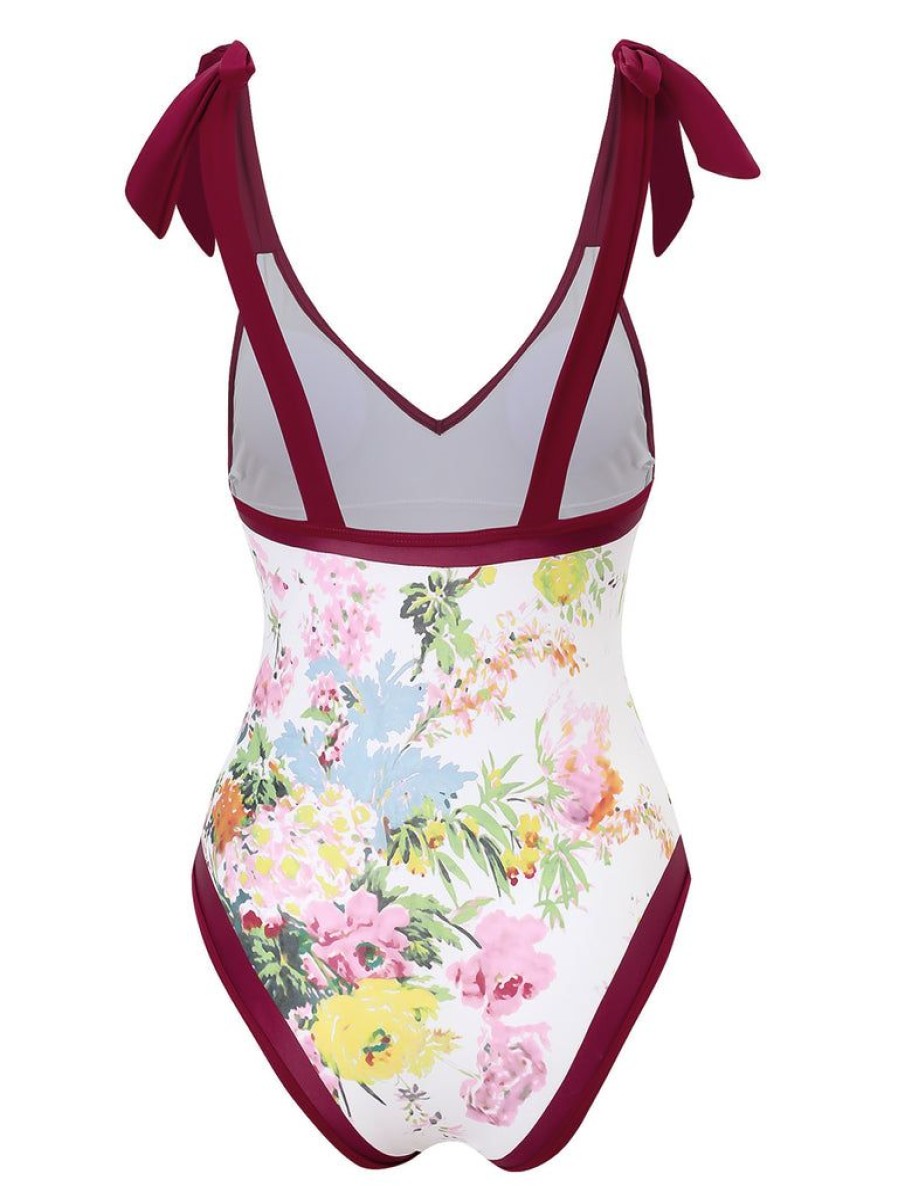 Clothing Retro Stage | 1950S V-Neck Flowers Lacing Swimsuit