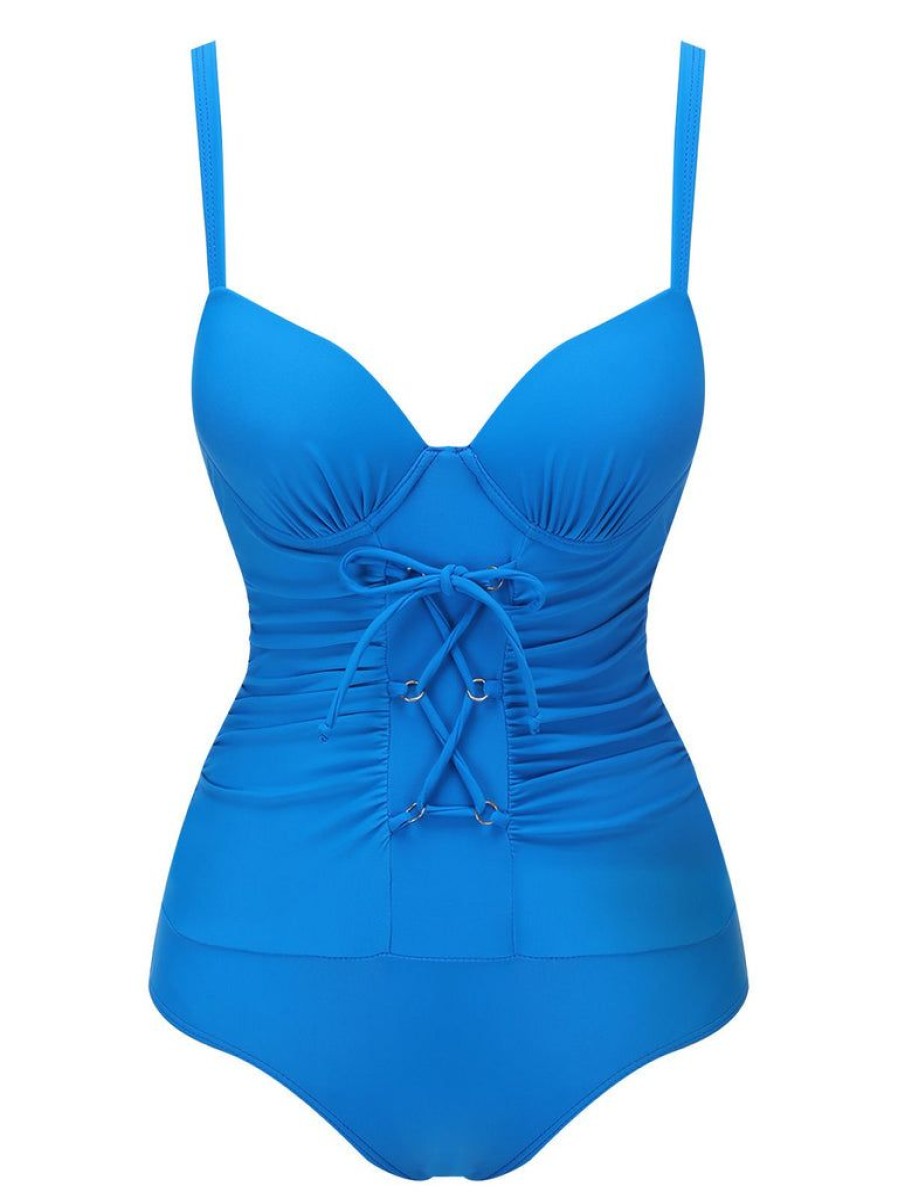 Clothing Retro Stage | 1950S Solid Added Strap Swimsuit Blue