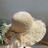 Accessories Retro Stage | Beige Hand-Made Lace Bow Sun Hat