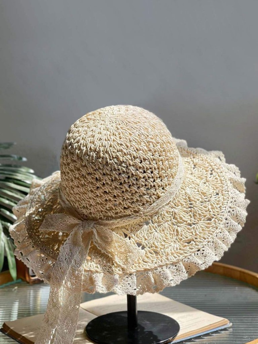 Accessories Retro Stage | Beige Hand-Made Lace Bow Sun Hat