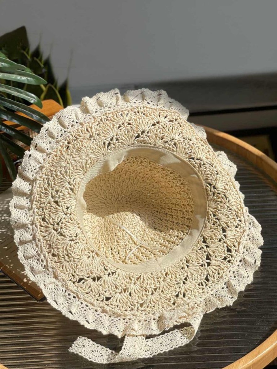 Accessories Retro Stage | Beige Hand-Made Lace Bow Sun Hat