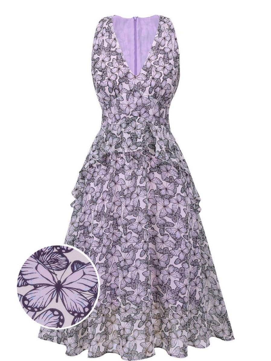 Clothing Retro Stage | 1930S Butterfly V-Neck Sleeveless Dress Purple