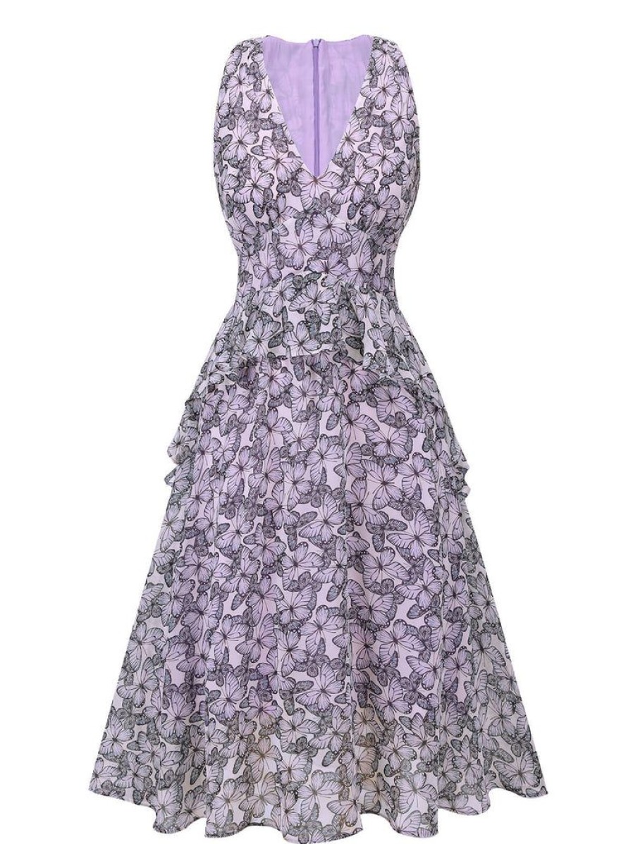 Clothing Retro Stage | 1930S Butterfly V-Neck Sleeveless Dress Purple