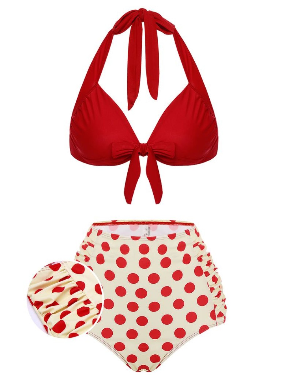 Clothing Retro Stage | 1950S Polka Dots Halter Bikini Set Red