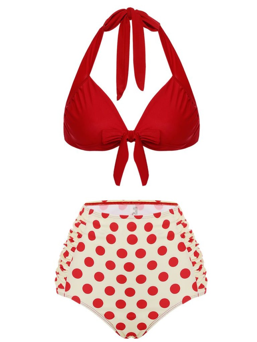 Clothing Retro Stage | 1950S Polka Dots Halter Bikini Set Red