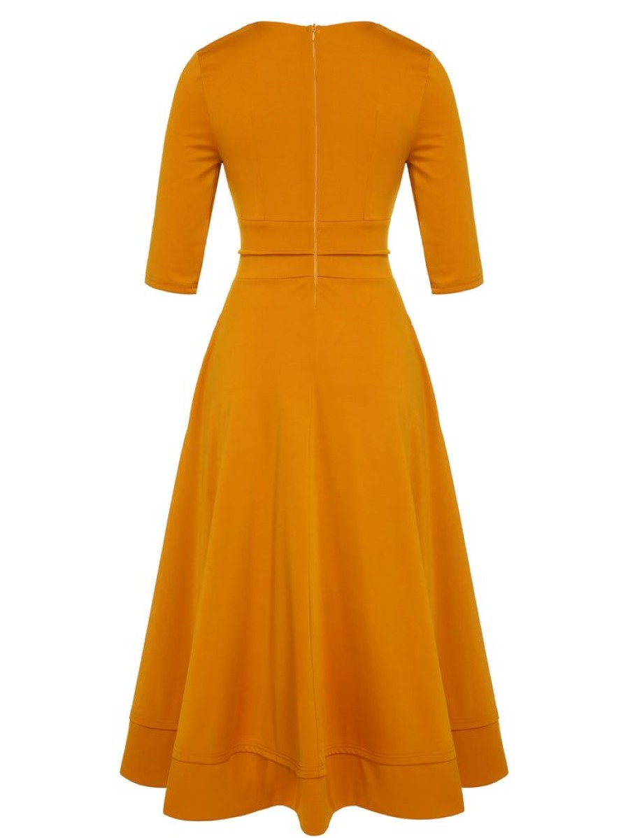 Clothing Retro Stage | 1950S Waisted Mid-Sleeve V-Neck Dress Orange