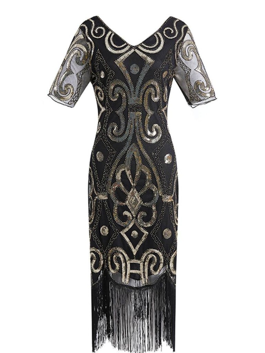 Clothing Retro Stage | 1920S Sequin Fringed Gatsby Dress Gold