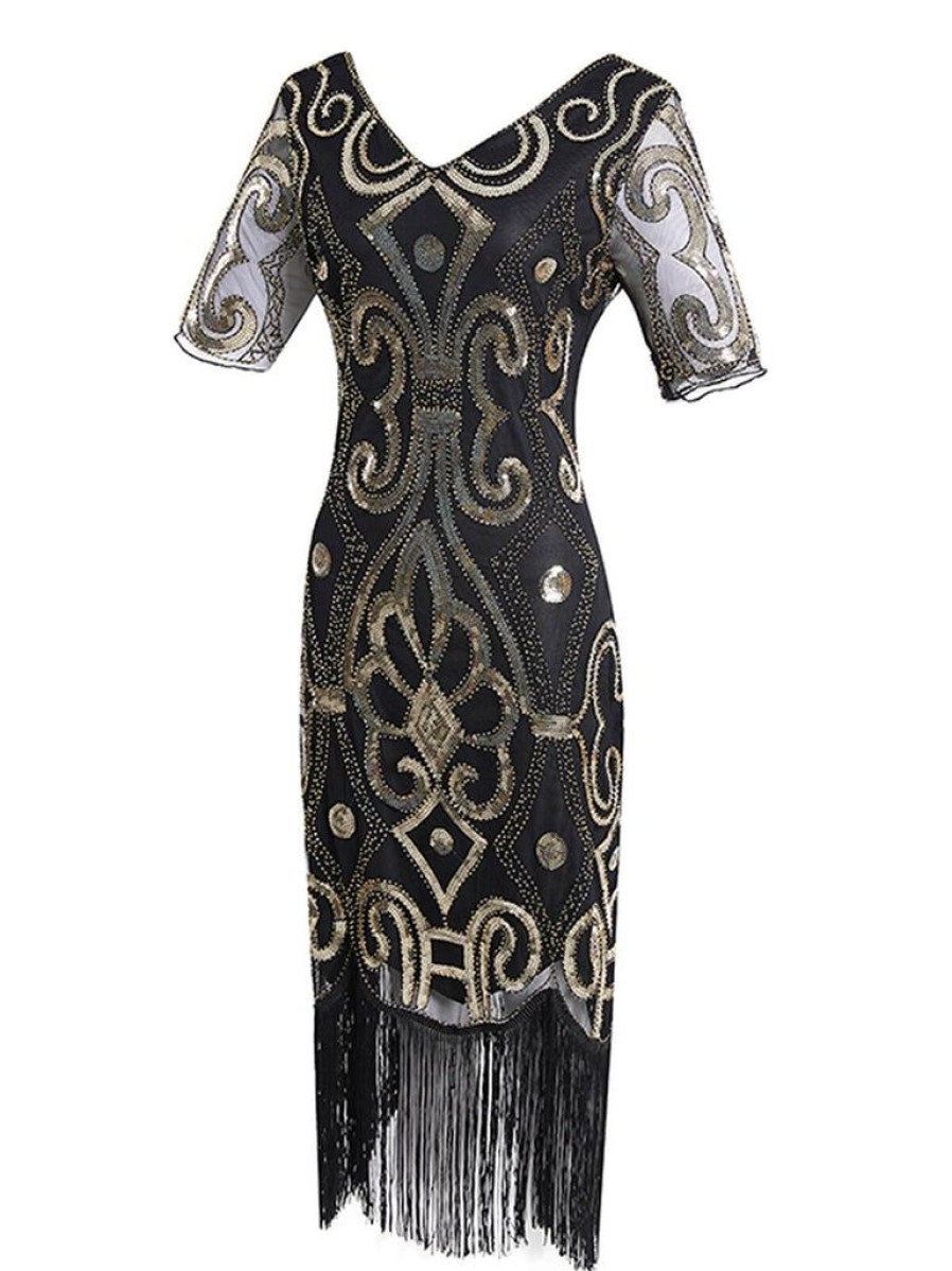 Clothing Retro Stage | 1920S Sequin Fringed Gatsby Dress Gold