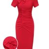 Clothing Retro Stage | 1960S Shirring Bow Solid Wrap Dress Red