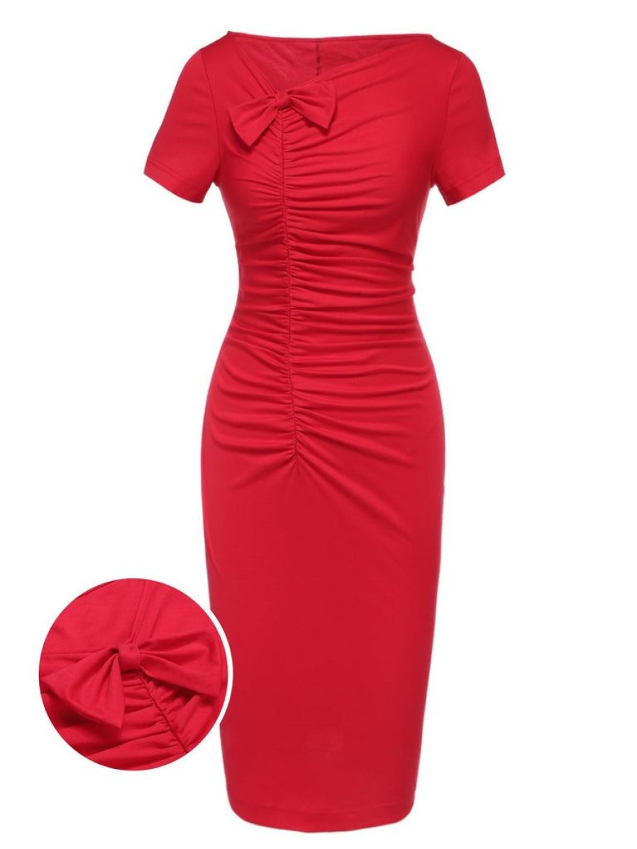 Clothing Retro Stage | 1960S Shirring Bow Solid Wrap Dress Red