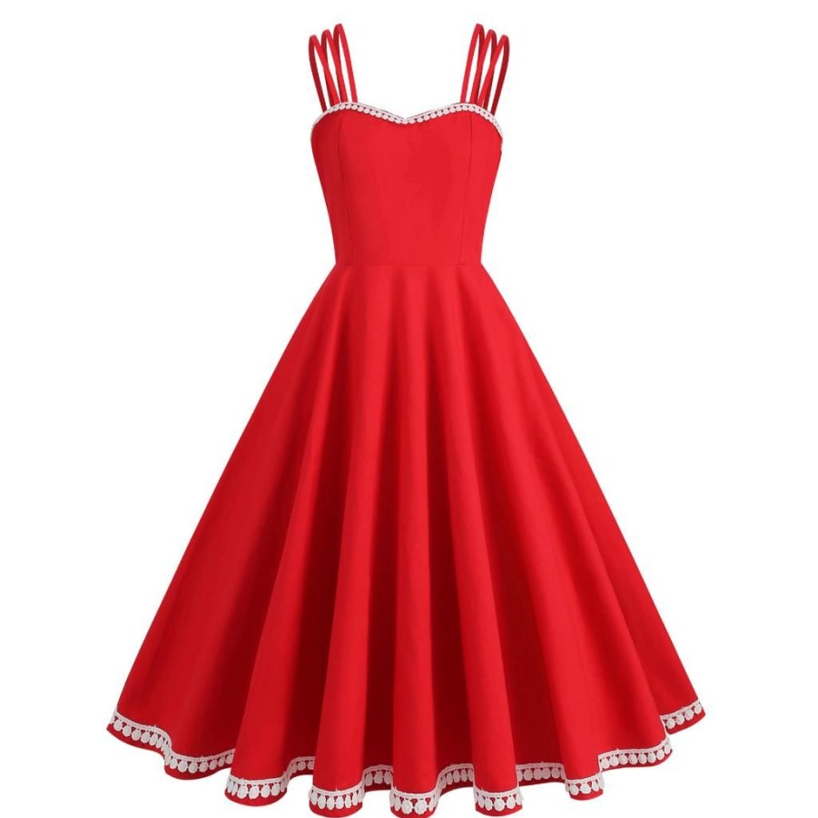 Clothing Retro Stage | 1950S Lace Strap Swing Dress Red