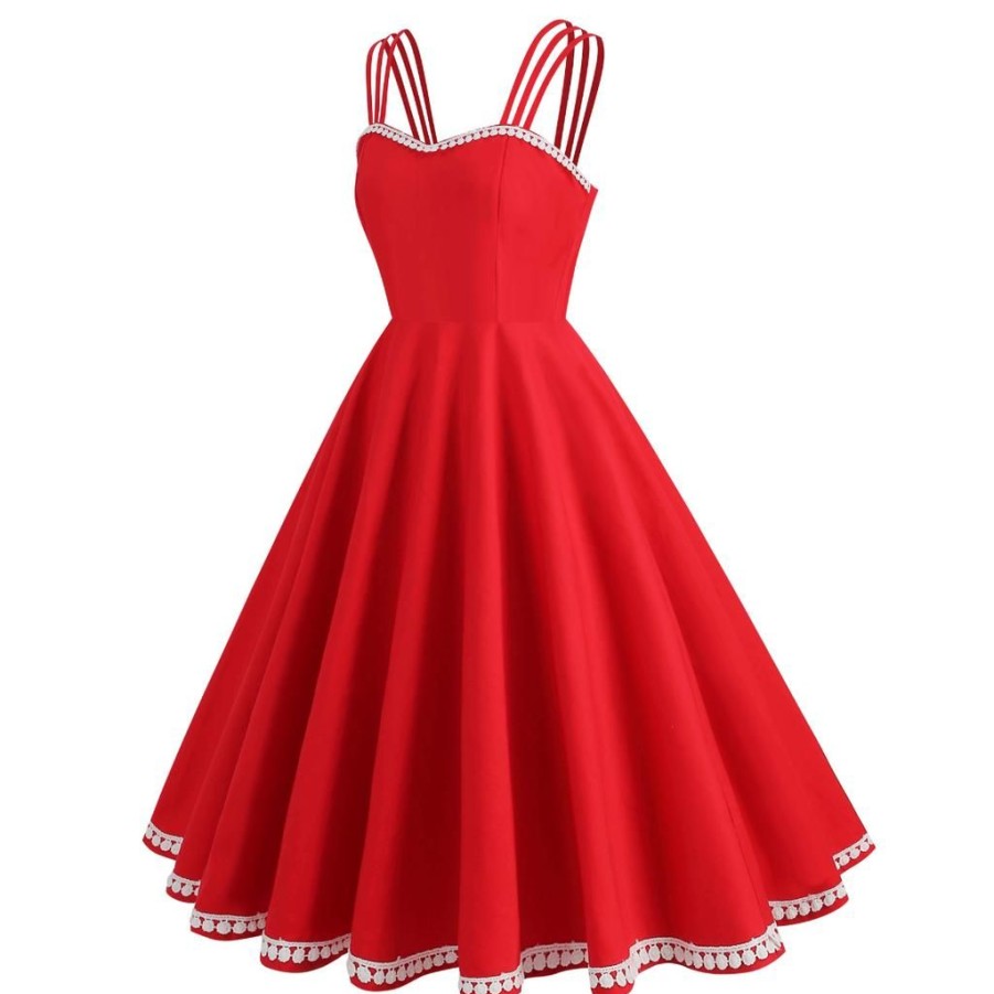 Clothing Retro Stage | 1950S Lace Strap Swing Dress Red