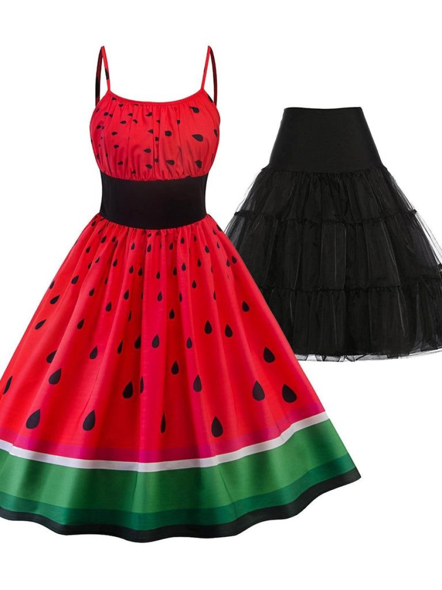 Clothing Retro Stage | 2Pcs Watermelon 1950S Dress & Black Petticoat