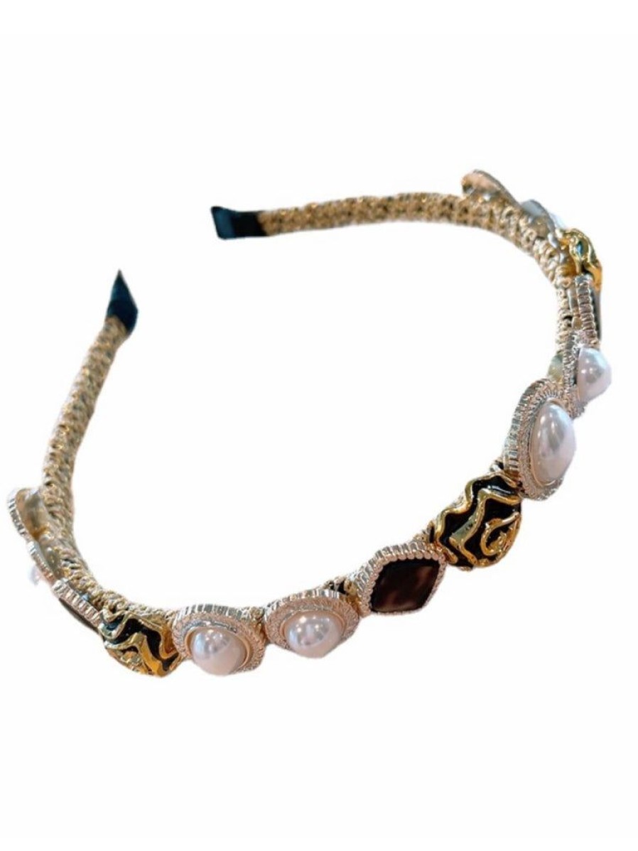 Accessories Retro Stage | Gold Shiny Pearl Gem Headband