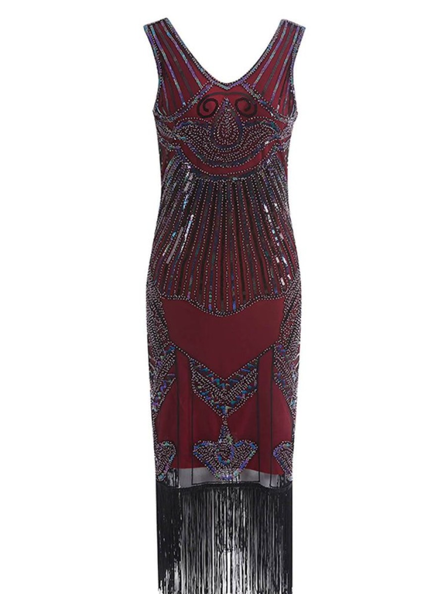 Clothing Retro Stage | 1920S Sequin Flapper Gatsby Dress Wine Red