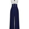 Clothing Retro Stage | 1930S Polka Dot Patchwork Button Jumpsuit Navy Blue